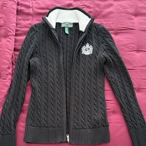 Ralph Lauren Black Cable Knit Cardigan with White Accents